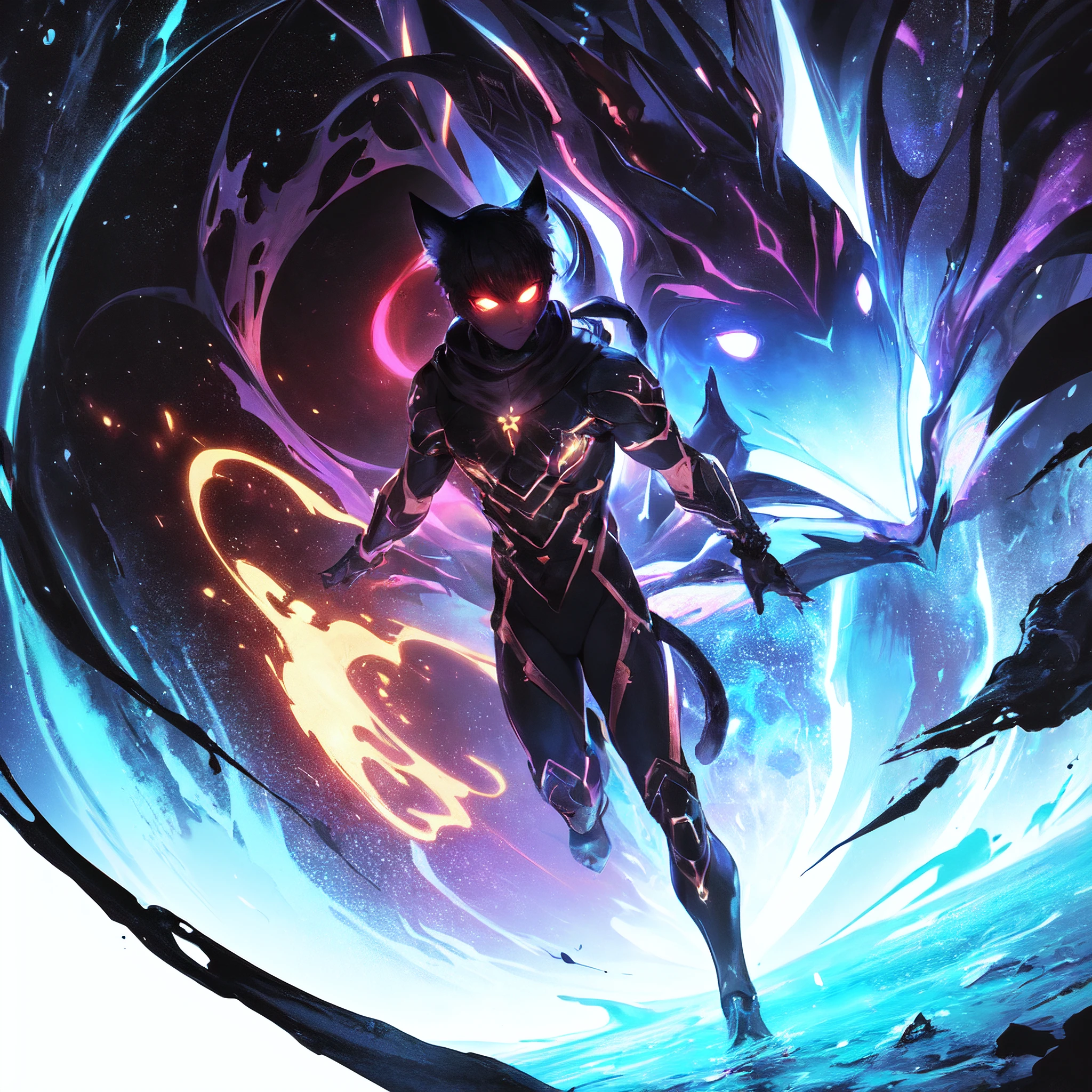 (masterpiece, best quality, ultra-detailed, best shadow), (simple background, 1boy, entity, shapeless, faceless, black, void, (quantum), golem, faceless male, cat boy, cat ears, pink bow, body, arms, spirit, end of universe, glowing eyes, singularity, black hole, celestial, blue, purple) (best illumination), ((cinematic light)), high contrast, colorful, hyper detail, dramatic light, intricate details,