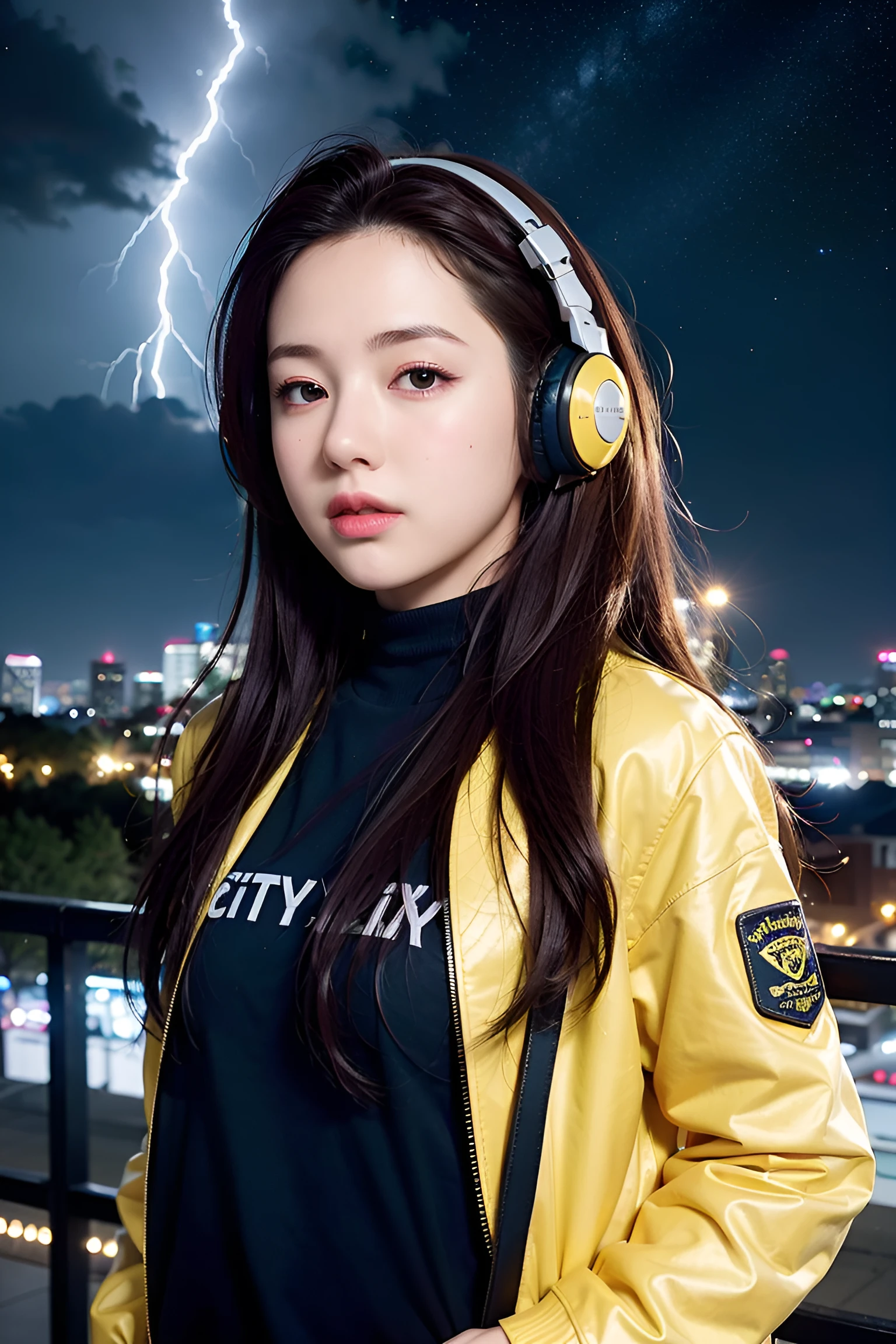 (Realistic:1.2), 18yo Girl, headphones Outfit, yellow jacket, view from below, (city:1.4), (starry sky:1.1) , (neon lights, sparkle, lightning:1.1)