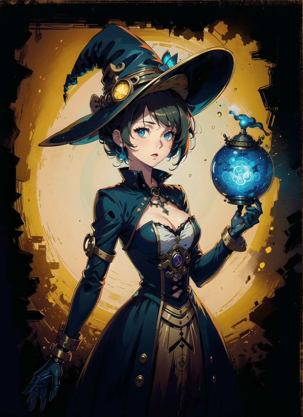 girl, fantasy, light, witch, magic, anime film <lora:steampunkai10MBLora_10mb:1>,steampunkai,robot, witch hat, witch dress,
