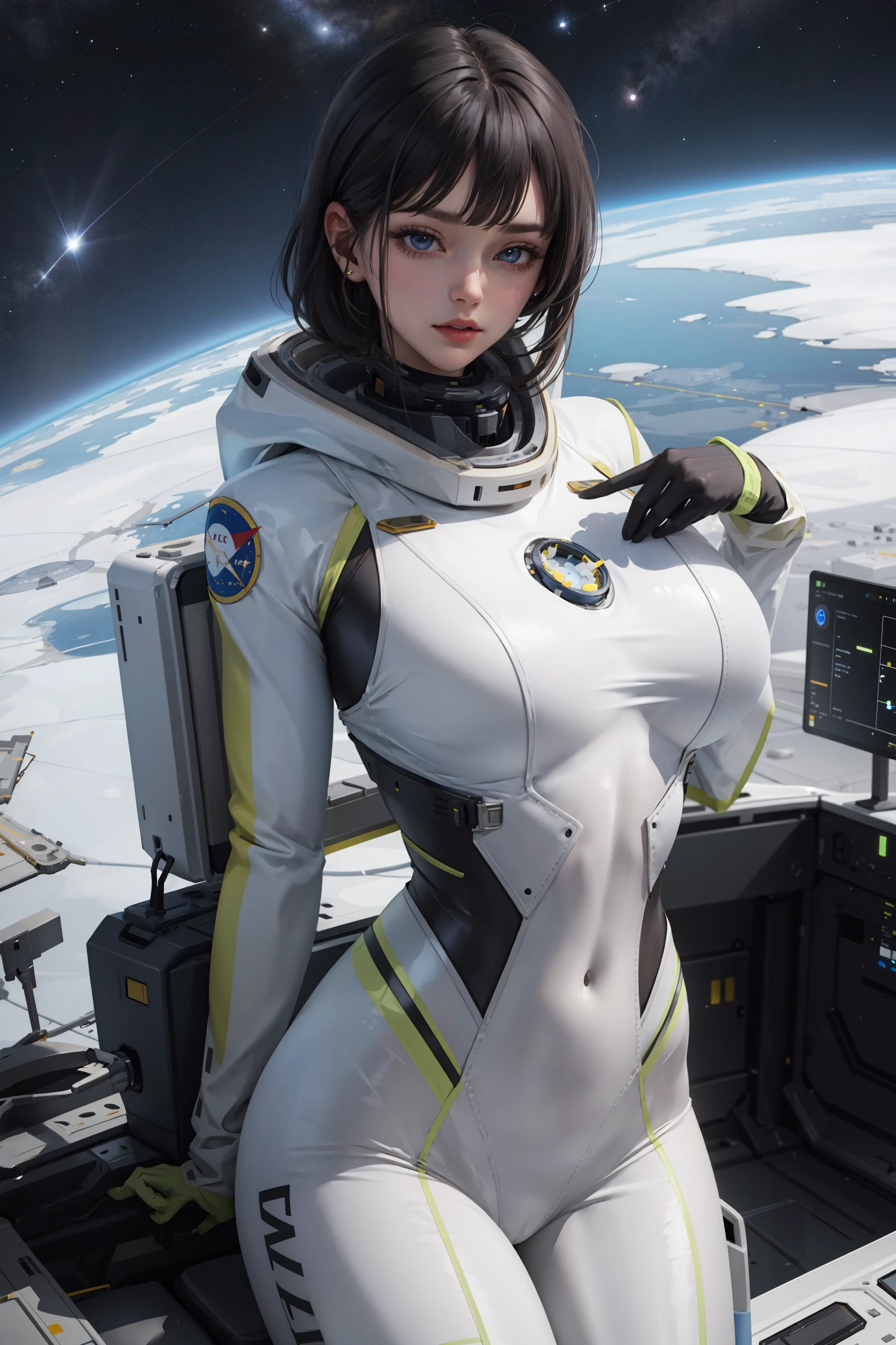 (masterpiece:1.2, best quality), 1lady, solo, body suit, big tits, Space Center, National Aeronautics and Space Administration