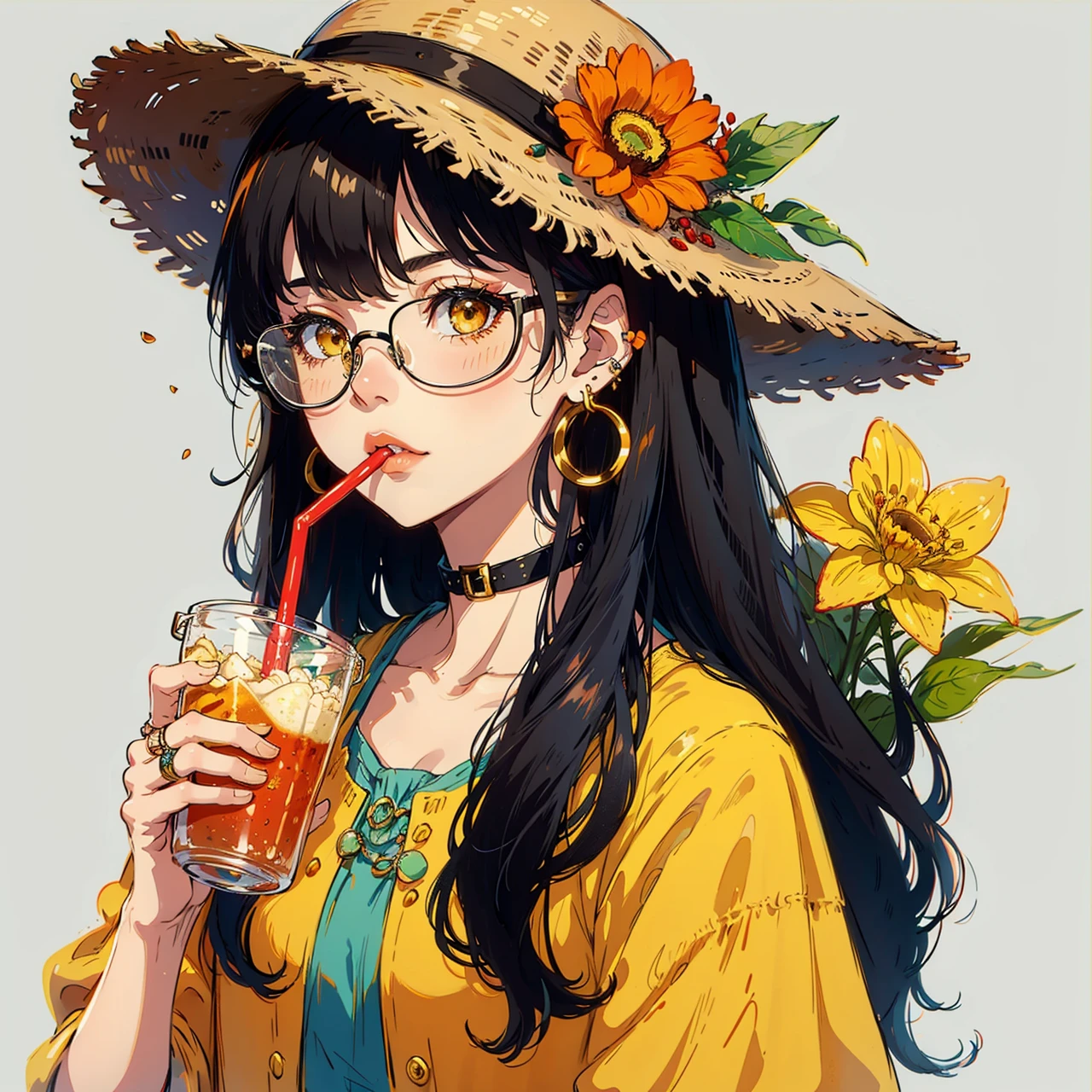 1girl, solo, starfish, seashell, shell, flower, hat, hair ornament, jewelry, straw hat, looking at viewer, sunglasses, hat flower, drinking straw, hairclip, earrings, red flower, tinted eyewear, yellow flower, bangs, english text, multicolored hair, orange flower, black hair, ring, cup, long hair, orange-tinted eyewear, food, brown hair, portrait, shell hair ornament ,