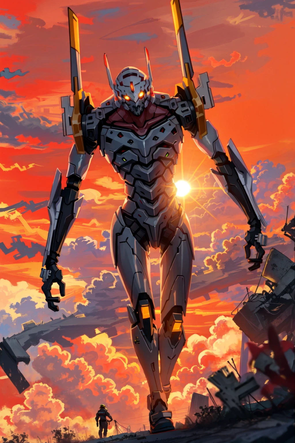 (evagod:1.1), evagenlion, Concept Design, sci-fic character design, SCIENCE FICTION, advanced giant robot, metal and Ceramic Mecha, Mechanical joints and exoskeletons, Bionic robotic Parts, Accurate facial details, high-tech, huge android, (outdoors, red sky, orange clouds, Sunlight), global illumination, rim light, octane rendering, ray tracing, 4k, Best quality, masterpiece, high res, highly detailed, scientific anatomy, carbon fiber, titanium alloy, hyperrealistic, anatomical, beautiful Tokyo-3 background, CG, unity, wallpaper, Futurism, epic sense, doomsday, sci-fi fighter, giant machinery, correct perspective, <lora:EVA:0.65>
