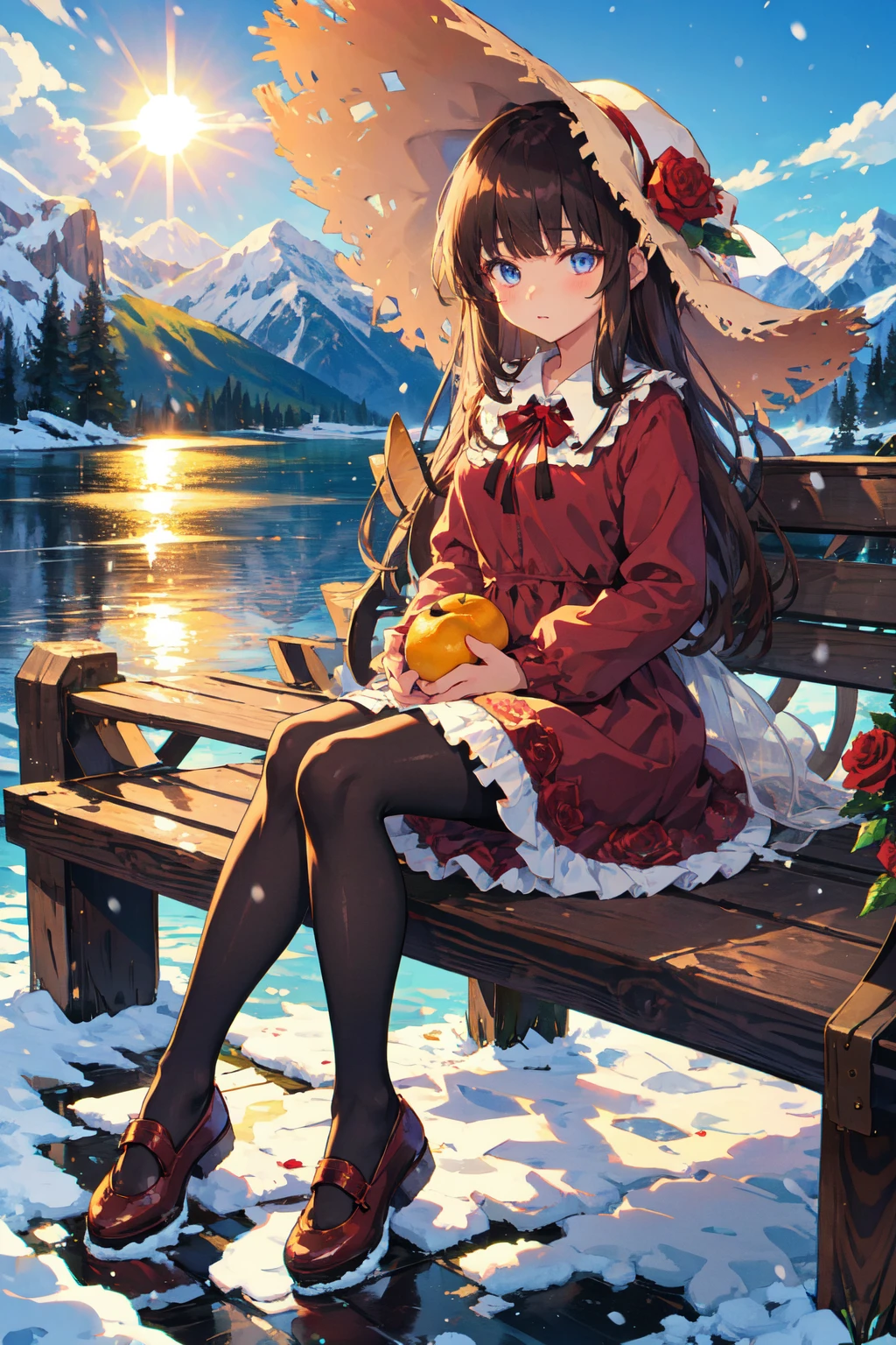 masterpiece, best quality, winter, snow field,
1girl, bangs, blue eyes, blunt bangs, bonnet, brown footwear, brown hair, dress, frills, fruit, full body, hat, long hair, long sleeves, looking at viewer, pantyhose, purple dress, red flower, red rose, rose, shoes, sitting, solo,
sky, sun, mountain, forest, lake,
