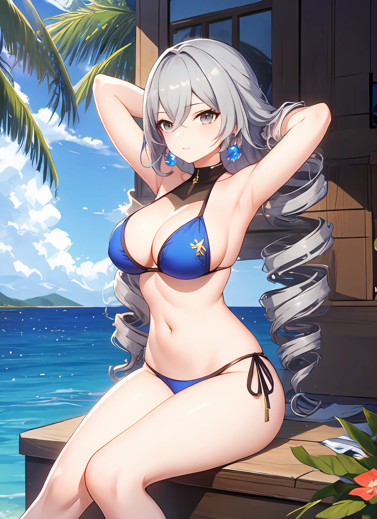 <lora:B-t1-000007:0.7>, ph bronya, 1girl, solo, jewelry, earrings, long hair, grey hair, drill hair, grey eyes, bay, ocean, bikini, arms up, trees, flowers, sitting