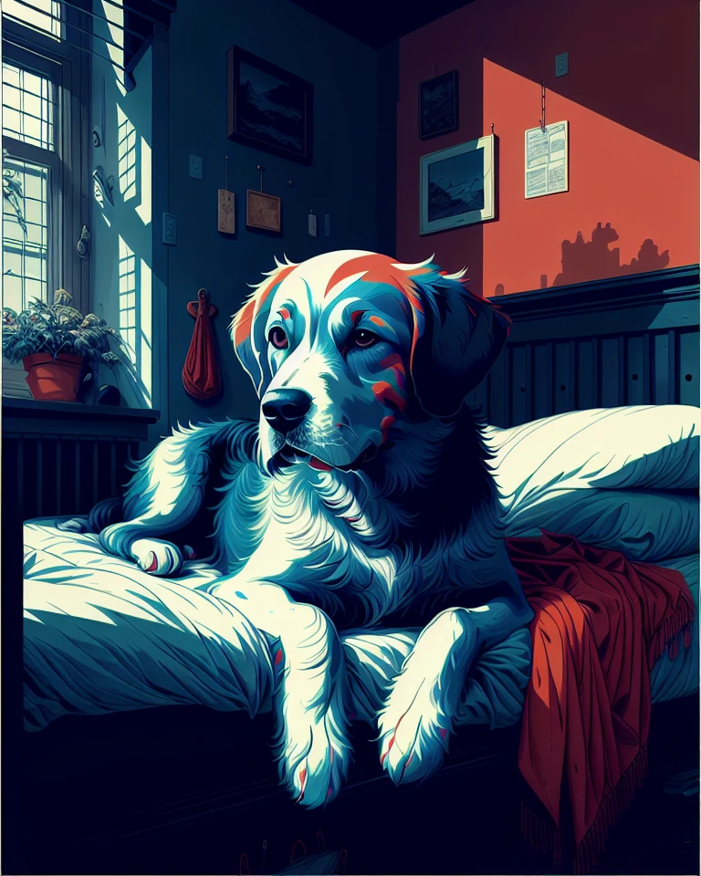 Dog on a bed, Bloodstainai <lora:Bloodstainai:0.9>