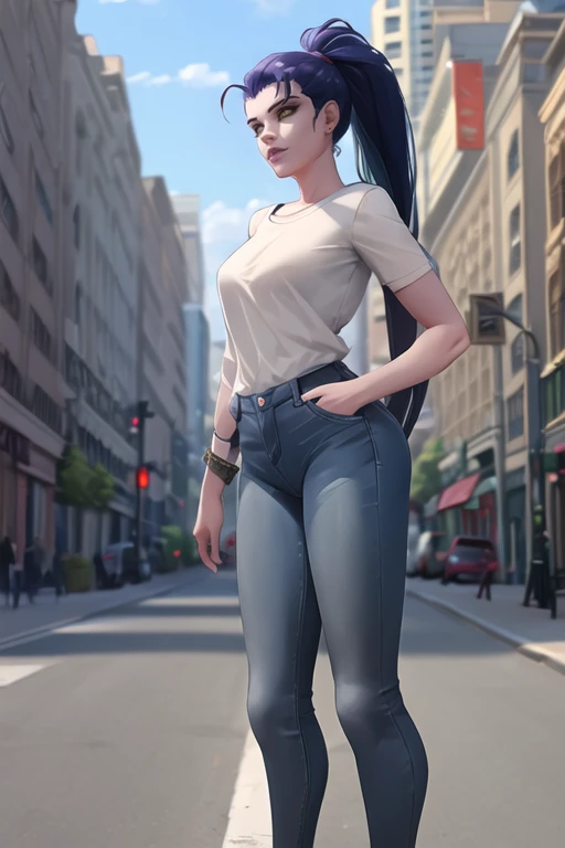 widowmaker, casual clothes, shirt, jeans, city street, bright sunlight, standing, solo, <lora:widowmakerOverwatch_v2:0.7>, best quality