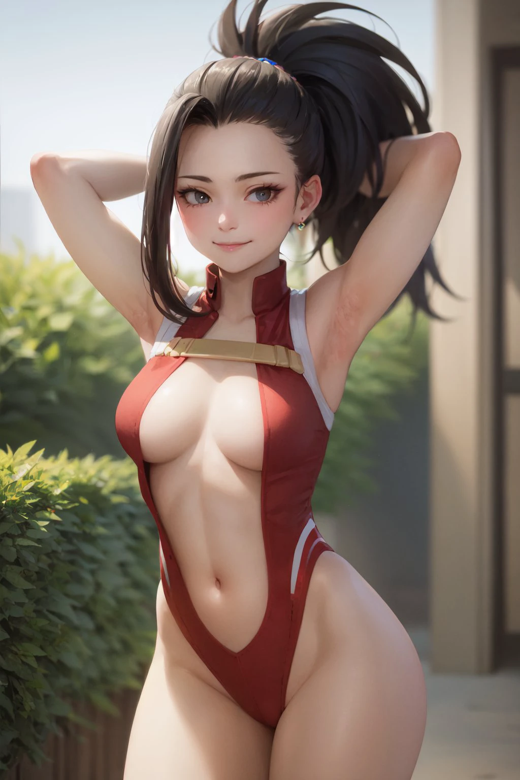 (masterpiece, best quality:1.2), <lora:mha_yaoyorozu-10:1>, cowboy shot, solo, 1girl, yaoyorozu momo, smile, closed mouth, looking at viewer, arms behind head, red leotard