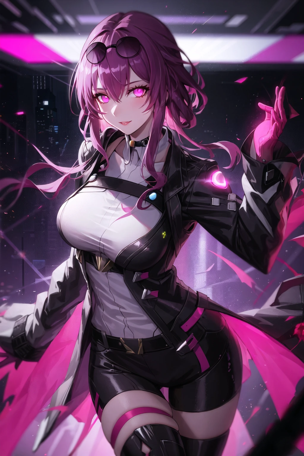 1girl, star-kafka,solo,hair between eyes,sunglasses,eyewear on head,purple hair,pink eyes,large breasts,shiny skin,(cyberpunk),neon lights,(futuristic),glowing eyes,dynamic pose,(motion blur),looking at viewer