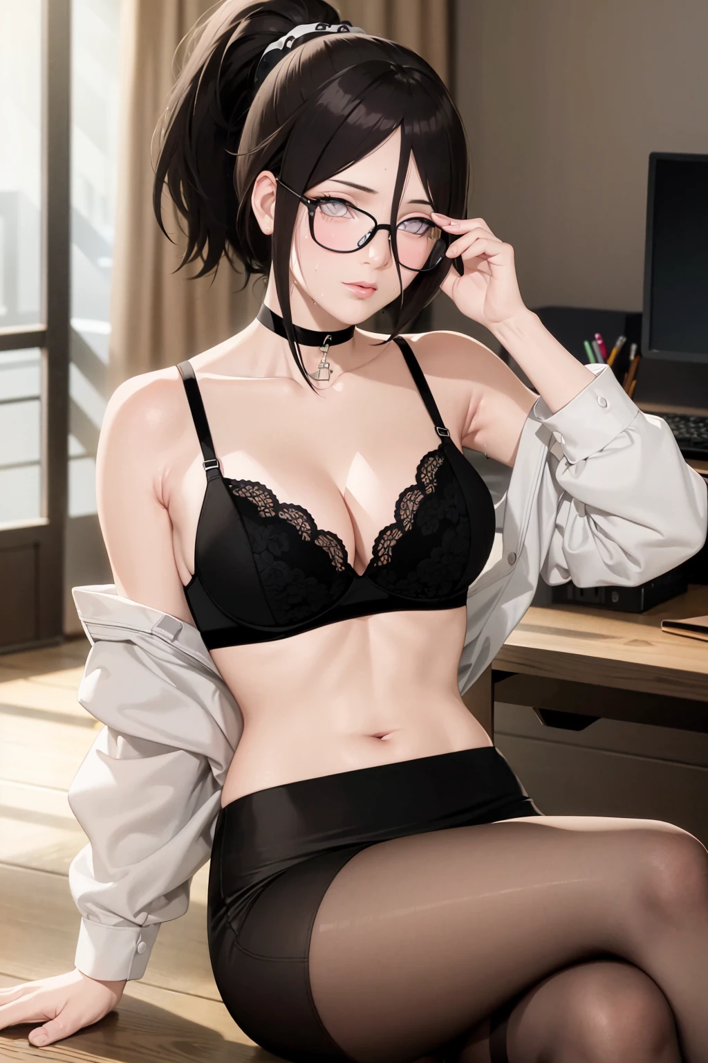 masterpiece, absurdres , (intricate details), (colorful),cinematic lighting,bust shot,extremely detailed CG unity 8k wallpaper,masterpiece, absurdres, hyuuga hanabi, 1girl, solo, choker , crossed legs, sitting, ponytail,office lady,  large breasts,white shirt,open clothes,off shoulder, navel, choker, pantyhose, black-framed eyewear, adjusting eyewear, collarbone, blush, pencil skirt  ,black bra,  desk,sweat, sunlight, 