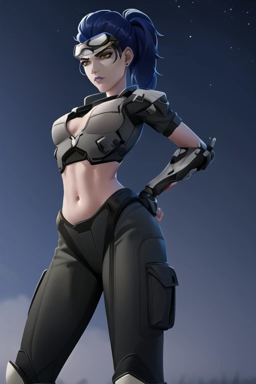 widowmaker_talon, armor, beige skin, midriff, navel, neutral expression,goggles, goggles on head, night sky background, moonlight, hands on hips, <lora:widowmakerOverwatch_v2:0.7>, best quality