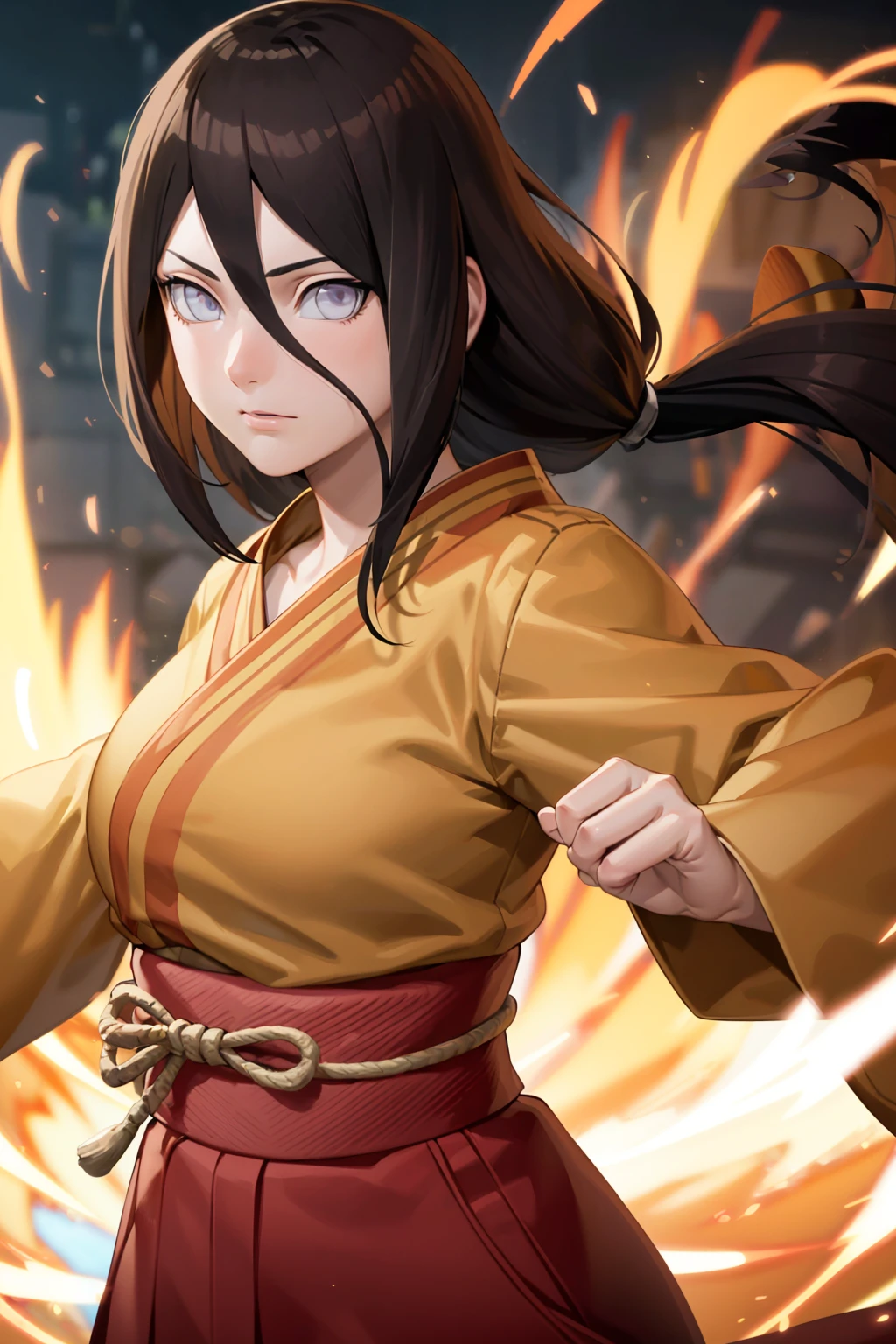 masterpiece, absurdres , (intricate details), (colorful),cinematic lighting,bust shot,extremely detailed CG unity 8k wallpaper ,hyuuga hanabi,  1girl, solo, orange kimono, red hakama skirt, obi, wide sleeves, looking at viewer, closed mouth, wind,fighting stance,  low tied long hair, 