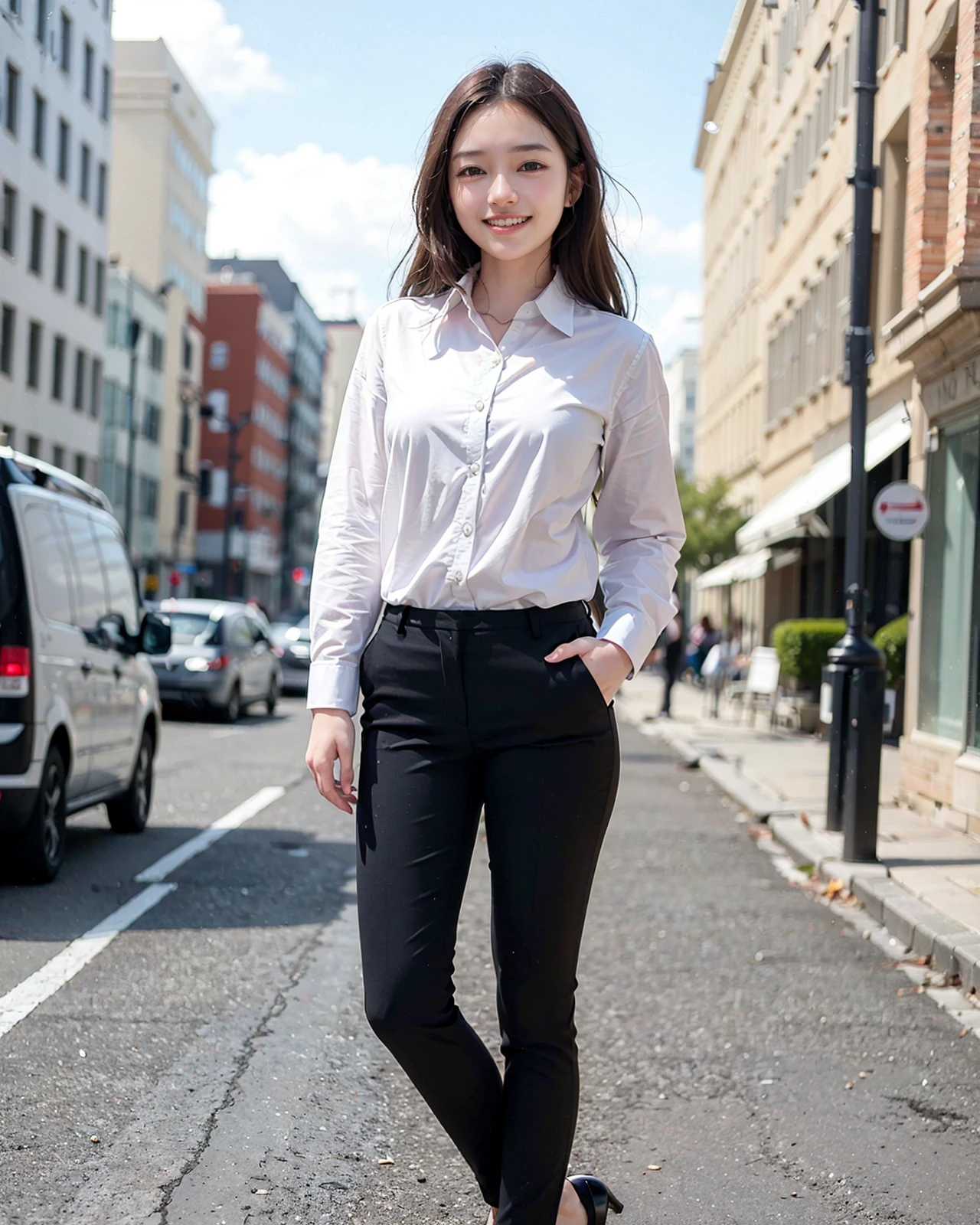 (photorealistic:1.4), (best quality:1.0), (ultra highres:1.0), 8k, RAW photo, (masterpiece:0.2), (big smile with teeth:1.2), (suit, shirt:1.5), full body, standing,
<lora:zyd232_ChineseGirl_v3_9:0.65> zydG, 1girl, detailed skin, beautiful clean skin, looking at viewer, brown eyes, (small breasts:1.0)