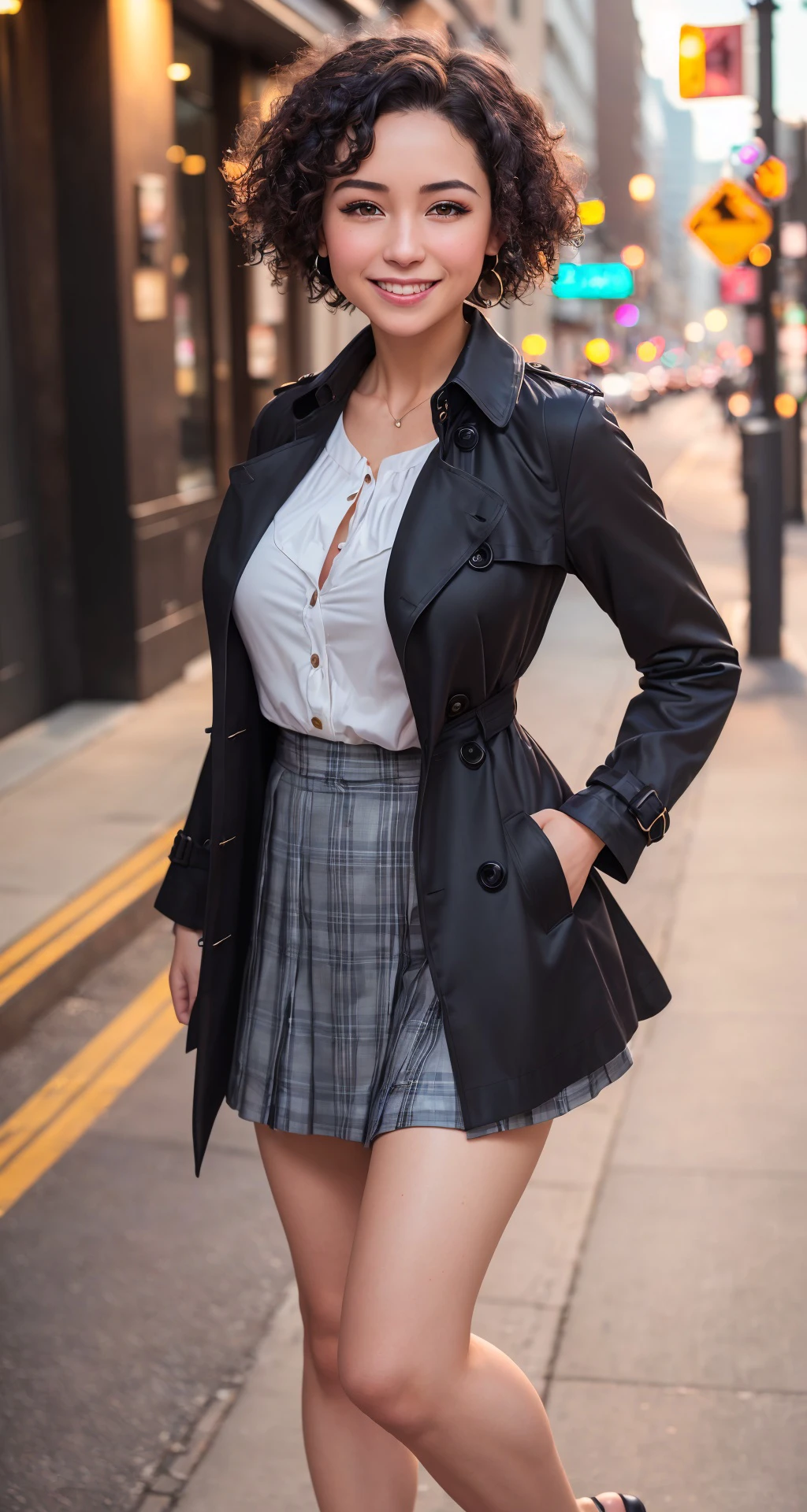 RAW photo, (a portrait  photo of a 40 woman:1.2),  dim lit, (standing at city:1.1),  (medium breasts:1.3), (smiling, smile, happy:1.1), (high detailed skin:1.0), detailed eyes,  8k uhd, dslr, soft lighting, best quality, film grain, Fujifilm XT3,, (wearing trench coat and skirt, sandals:1.2), (cowgirl style:1.1), short hair, pixie cut hair, (curly hair:1.1), (black hair:1.1), (oily hair:0.8), (makeup:1.0),