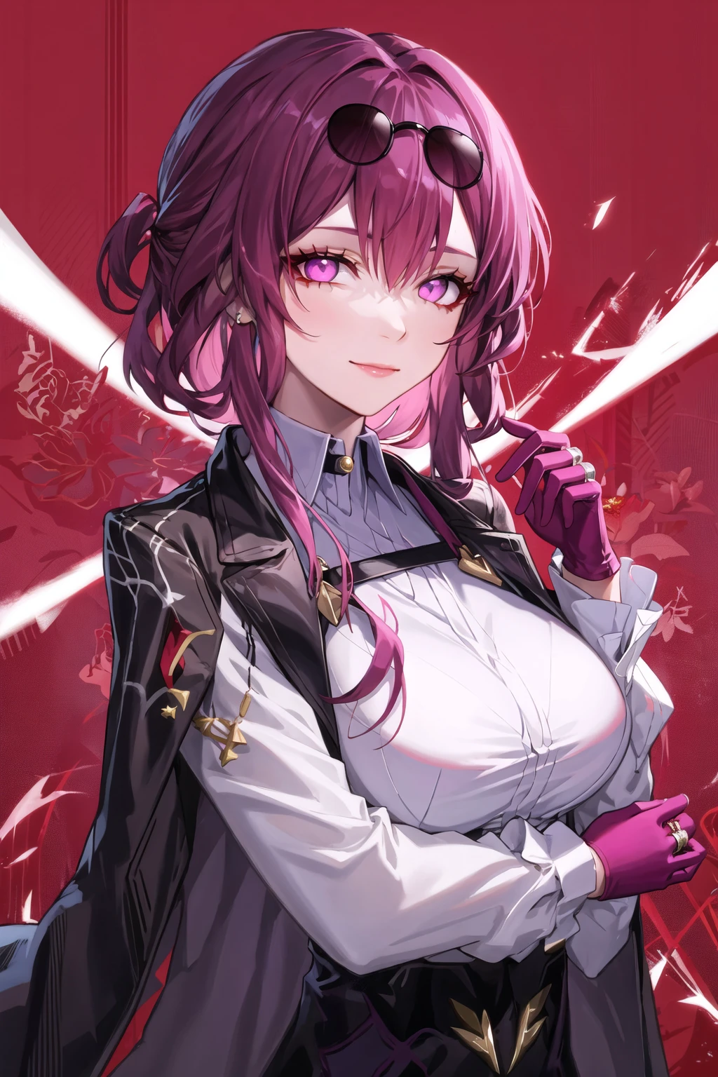 1girl, bangs, closed mouth, eyewear on head, gloves, hair between eyes, jacket, jewelry, long sleeves, looking at viewer, pink eyes, purple eyes, purple gloves, purple hair, ring, shirt, solo, star-kafka, sunglasses, upper body, white shirt,(mature female)