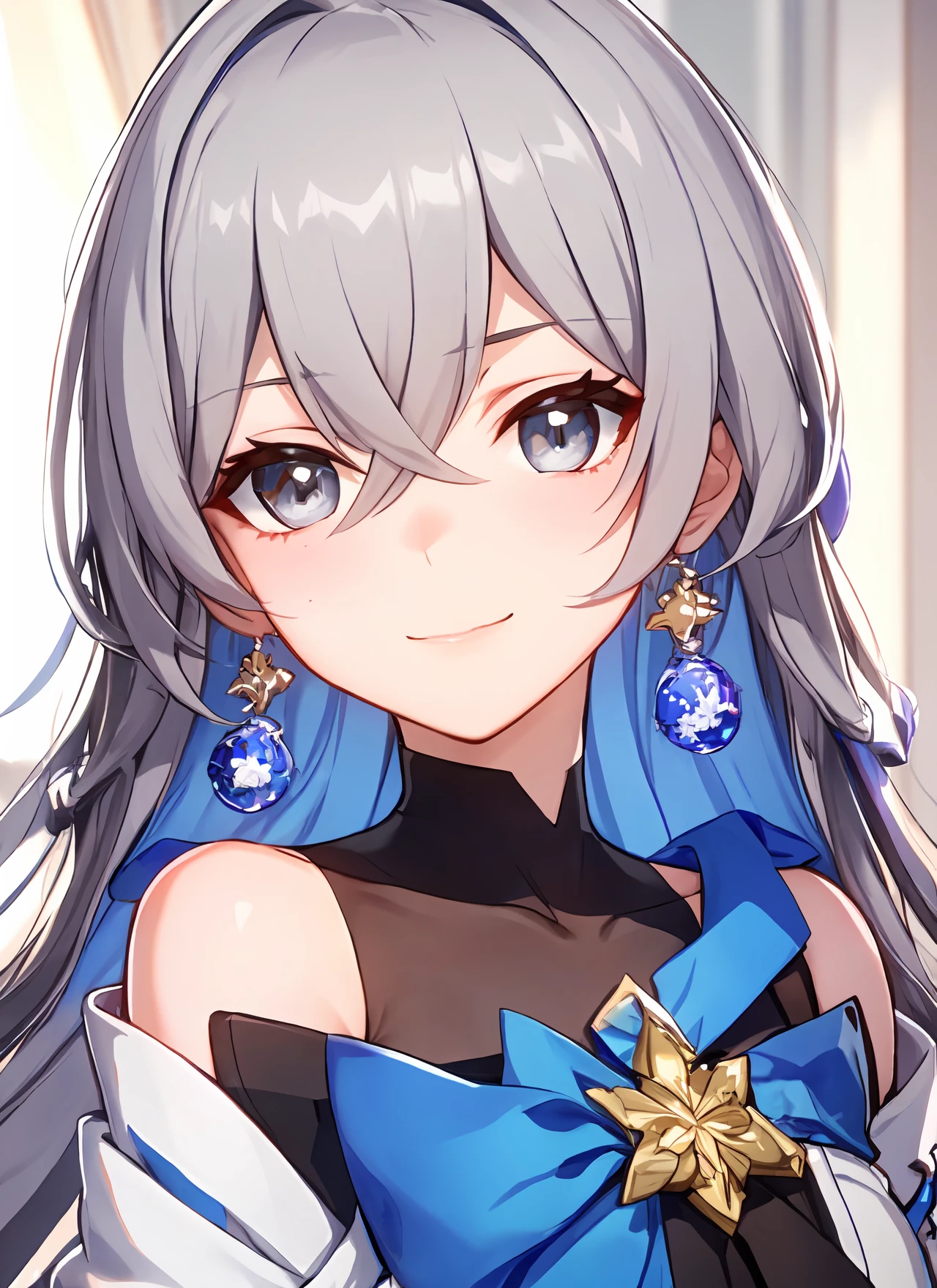 ph bronya, 1girl, solo, jewelry, earrings, long hair, grey hair, bangs, drill hair, bare shoulders, grey eyes, (off shoulder:1.1), (masterpiece:1.6, best quality), (finely detailed beautiful eyes: 1.2), ultra-detailed, illustration,beautiful detailed eyes, (yandere:1.4), (empty eyes), backlighting, looking at viewer, blush, smile, (masterpiece, finely detailed beautiful eyes: 1.2), <lora:B-t1-000007:0.7>, upper body