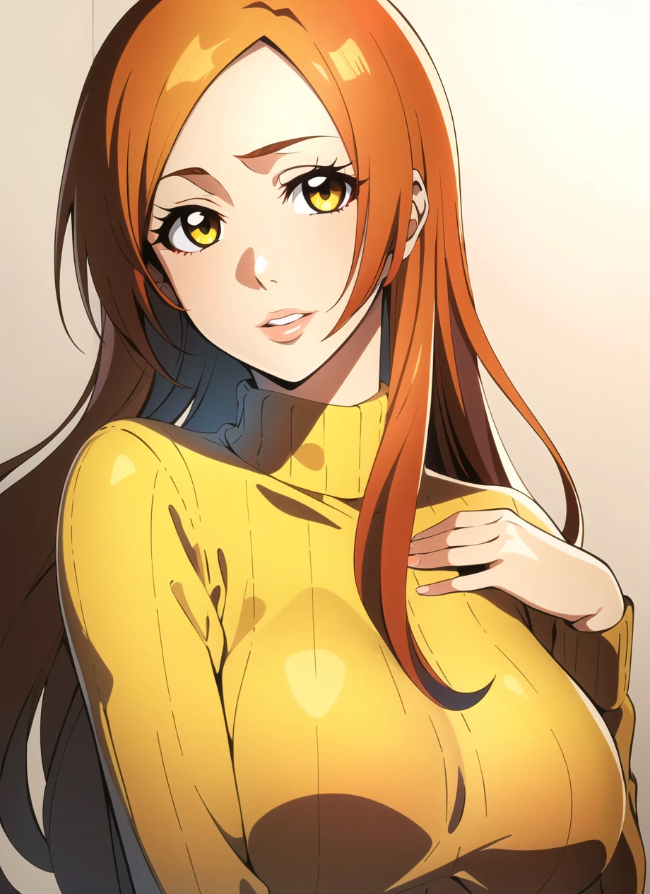 bleach style, inoue orihime, 1girl, decora, lips, long hair, looking at viewer, multiple hairpins, orange hair, sidelocks, solo, sweater, yellow eyes, yellow sweater,  ((masterpiece))  <lora:bleach_style_offset:1>