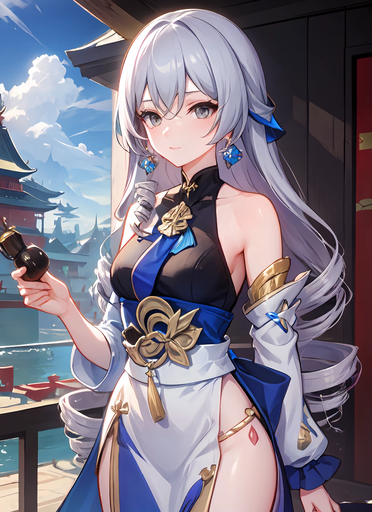 <lora:B-t1-000007:0.7>, ph bronya, 1girl, solo, earrings, long hair, drill hair, grey eyes, eastern architecture, asian architecture,