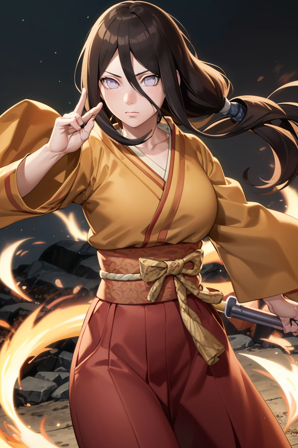 masterpiece, absurdres , (intricate details), (colorful),cinematic lighting,bust shot,extremely detailed CG unity 8k wallpaper ,hyuuga hanabi,  1girl, solo, orange kimono, red hakama skirt, obi, wide sleeves, looking at viewer, closed mouth, wind,fighting stance,  low tied long hair, 