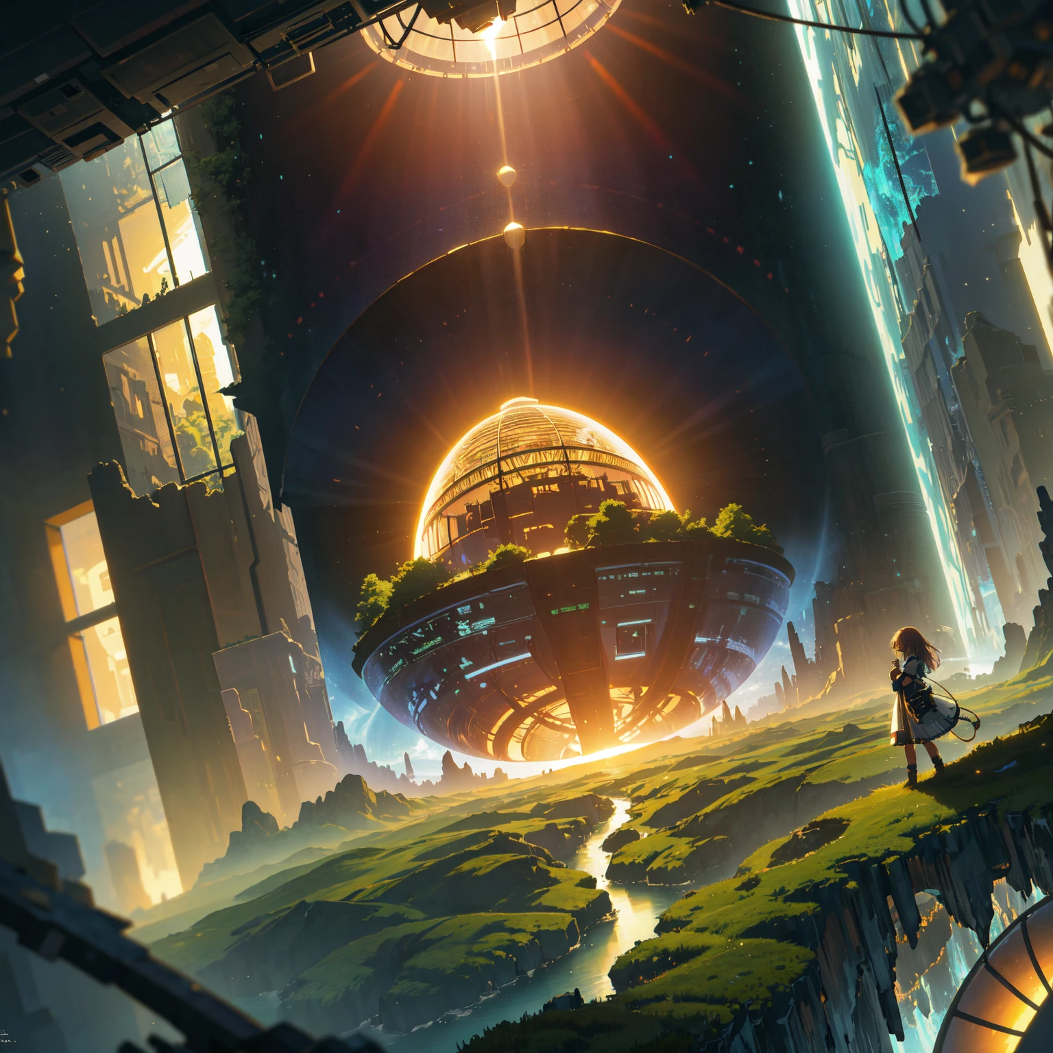 best quality, masterpiece, extremely detailed, detailed background, anime, 1girl, young girl, short girl, sci-fi, indoors, night, artificial ecosystem, utopia, landscape, scenery, panorama, science fiction, solo focus, close up, depth of field, bokeh, atmospheric lighting, megastructure, glass dome, bio-dome
