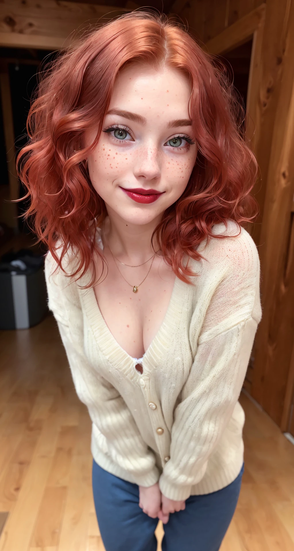 RAW photo, (a portrait photo of a 25y.o. woman:1.2), dim lit, (standing at cabin:1.1), (small breasts:1.3), (smiling, smile, happy:1.1), (high detailed skin:1.0), detailed eyes, 8k uhd, dslr, soft lighting, best quality, film grain, Fujifilm XT3,, (wearing sweater and pants, boots:1.2), (Grunge style:1.1), medium hair, Bob cut hair, (wavy hair:1.1), (red hair:1.1), (oily hair:0.8), (lipstick on lips:1.1), freckles
