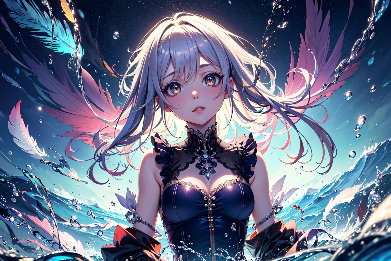 absurdres, highres,  (ultra-detailed background, detailed background), extremly detailed,
(1girl, solo), (kawaii:1.2),
([ water effects | Light Effects | Feathers effects ]:1.3),