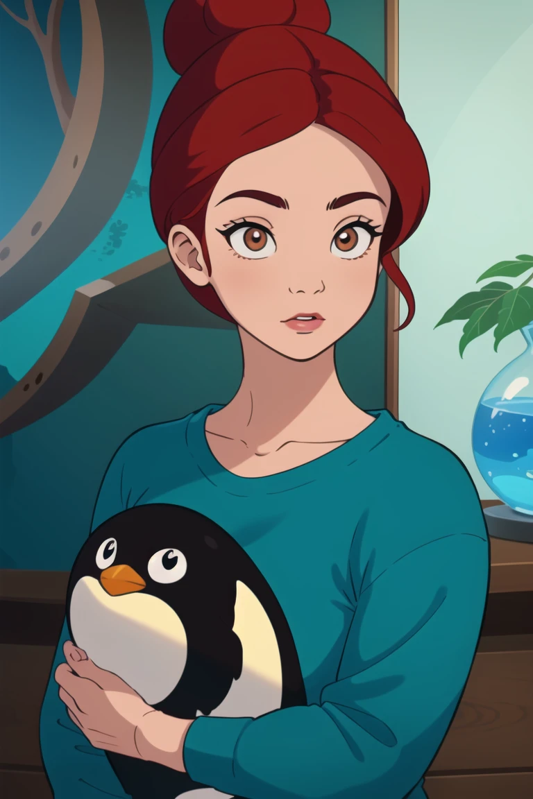 girl,(prettify:1.2) ,date,aquarium,casual_clothes,close-up,red_hair,hair_bun,penguin ,(masterpiece,detailed,highres:1.4)