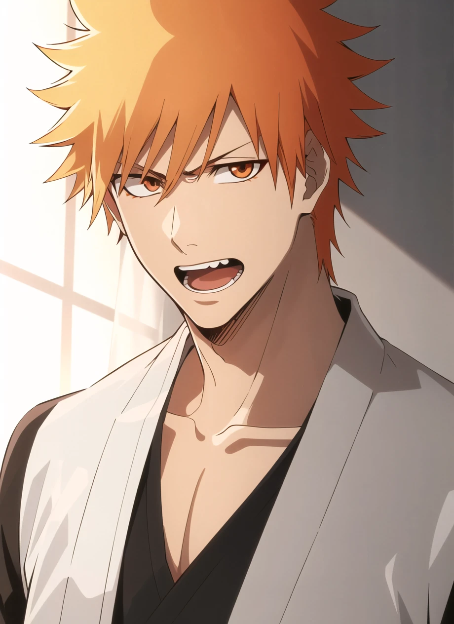 bleach style,  kurosaki ichigo, 1boy, collarbone, looking at viewer, male focus,, open mouth, orange eyes, orange hair, solo, spiked hair, spot color, teeth, upper body, upper teeth only, ((masterpiece))  <lora:bleach_style_offset:1>