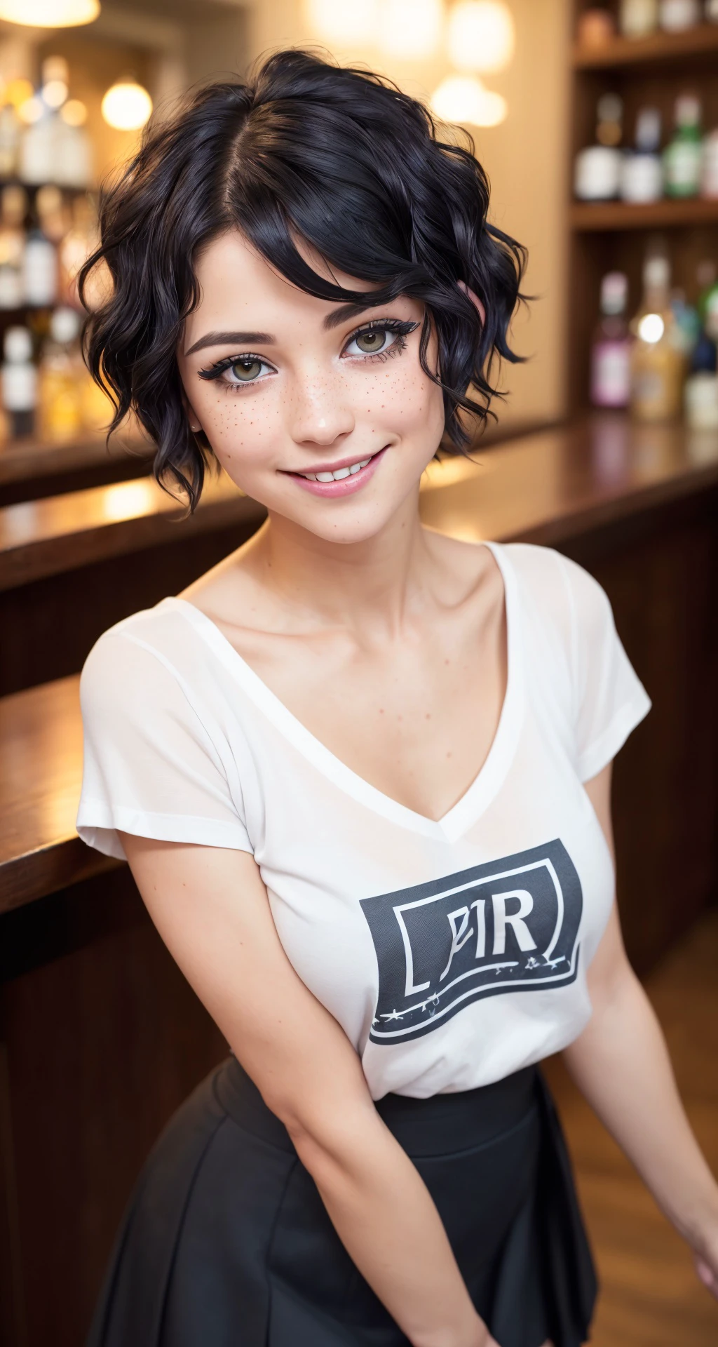 RAW photo, (a portrait  photo of a 50y.o. woman:1.2),  dim lit, (standing at bar:1.1),  (small breasts:1.3), (smiling, smile, happy:1.1), (high detailed skin:1.0), detailed eyes,  8k uhd, dslr, soft lighting, best quality, film grain, Fujifilm XT3,, (wearing tshirt and skirt, sandals:1.2), (emo girl style:1.1), short hair, pixie cut hair, (wavy hair:1.1), (black hair:1.1), (oily hair:0.8), (makeup:1.0), freckles