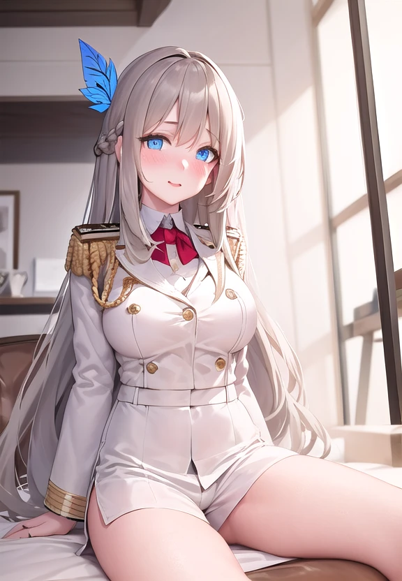 1girl, solo,masterpiece, (8k, best quality, masterpiece:1.2),highly detailed,ultra-detailed,masterclass,best quality,illustration,hair_between_eyes, braid,perfect lighting,medium breasts,Flaxen long hair(delicate eyes),(blue eyes),(detailed facial features) long_hair, blush,feathers hair ornament, <lora:lexington3-000004:1>,lex,white military uniform, lexington \(warship girls r\),warship,white short pants,medium body,sitting,