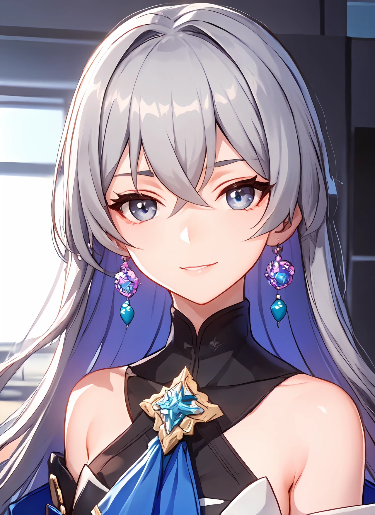 ph bronya, 1girl, solo, jewelry, earrings, long hair, grey hair, bangs, drill hair, bare shoulders, grey eyes, (off shoulder:1.1), (masterpiece:1.6, best quality), (finely detailed beautiful eyes: 1.2), ultra-detailed, illustration,beautiful detailed eyes, (yandere:1.4), (empty eyes), backlighting, looking at viewer, blush, smile, (masterpiece, finely detailed beautiful eyes: 1.2), <lora:B-t1-000007:0.7>,