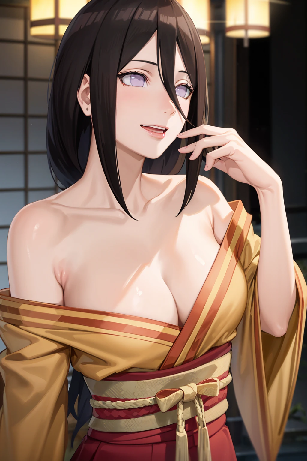 masterpiece, absurdres , (intricate details), (colorful),cinematic lighting,bust shot,extremely detailed CG unity 8k wallpaper , hyuuga hanabi, 1girl, breasts, solo, cleavage, orange kimono, hakama skirt, bare shoulders, large breasts, white background, open mouth, off shoulder, collarbone, medium breasts,   wide sleeves, simple background, smile, finger to mouth  