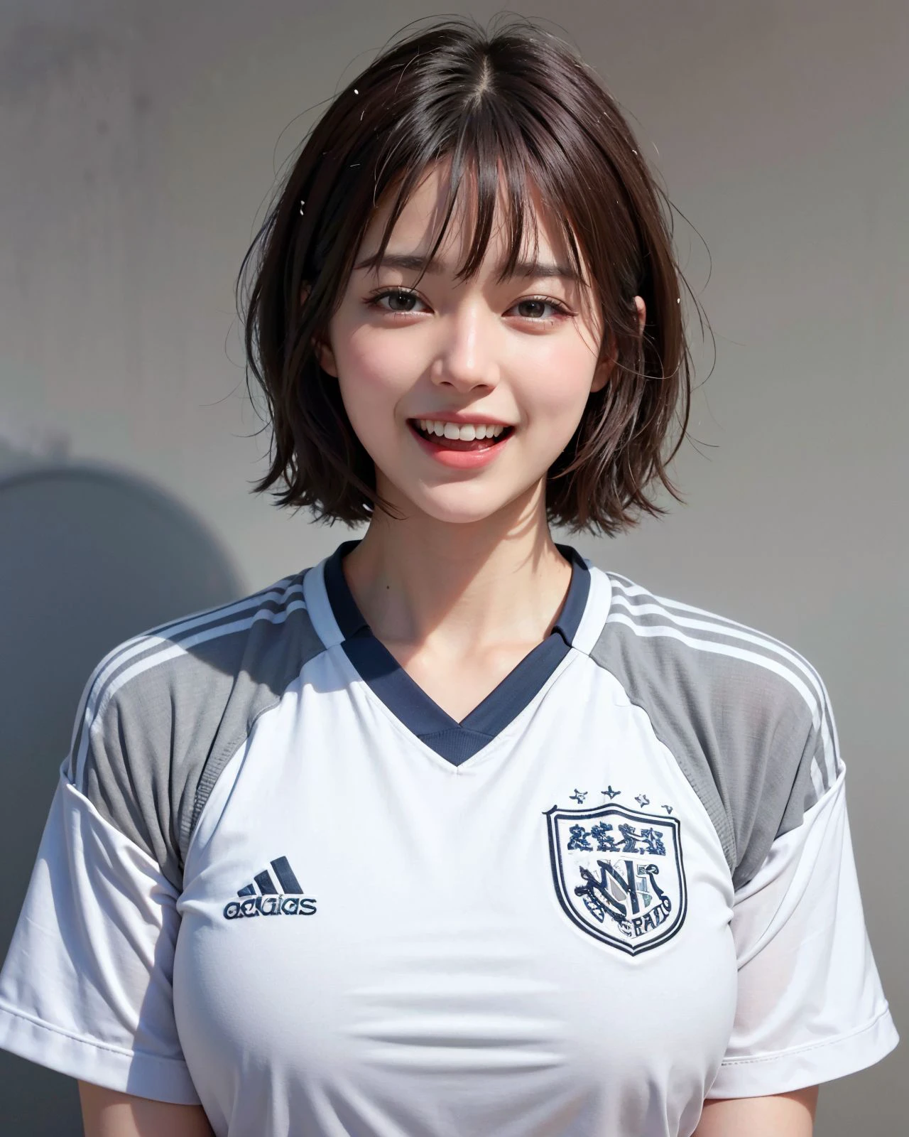 (photorealistic:1.4), (best quality:1.0), (ultra highres:1.0), 8k, RAW photo, (masterpiece:0.2), face focus, portrait, shap focus, (grey background:1.4),
<lora:zyd232_ChineseGirl_v3_9:0.65> zydG, 1girl, teenage, detailed skin, beautiful clean skin, looking at viewer, brown eyes, (short hair with bangs:1.2), (medium breasts:1.0), (large areolae:0.8), (soccer uniform:1.2), (big laugh:1.6),
(pureerosface_v1:0.5)