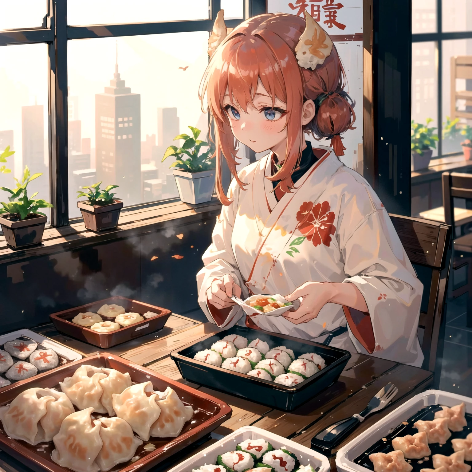 (best quality:1.4), anime, solo, A girl in supermarket gyoza dumplings jiaozi