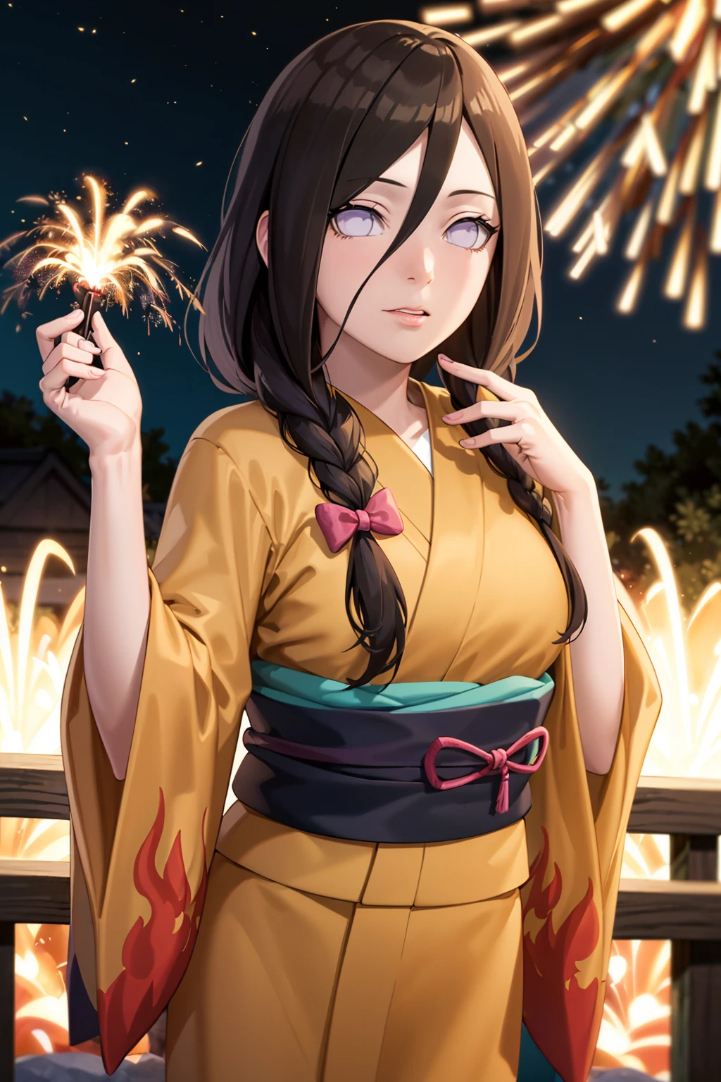 masterpiece, absurdres , (intricate details), (colorful),cinematic lighting,bust shot,extremely detailed CG unity 8k wallpaper ,hana , flame print kimono, outdoors, fireworks, railing,  obi, hair bow, 