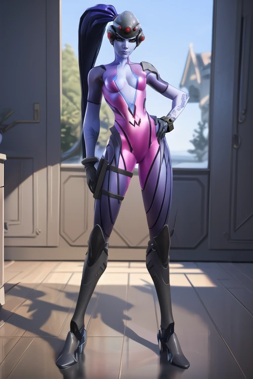 widowmaker, full body, solo, bodysuit, arm tattoo, gloves, hands on hips, looking at viewer, visor, ponytail, bored facial expression, standing, bedroom, bright sunlight, <lora:widowmakerOverwatch_v2:0.7>, best quality