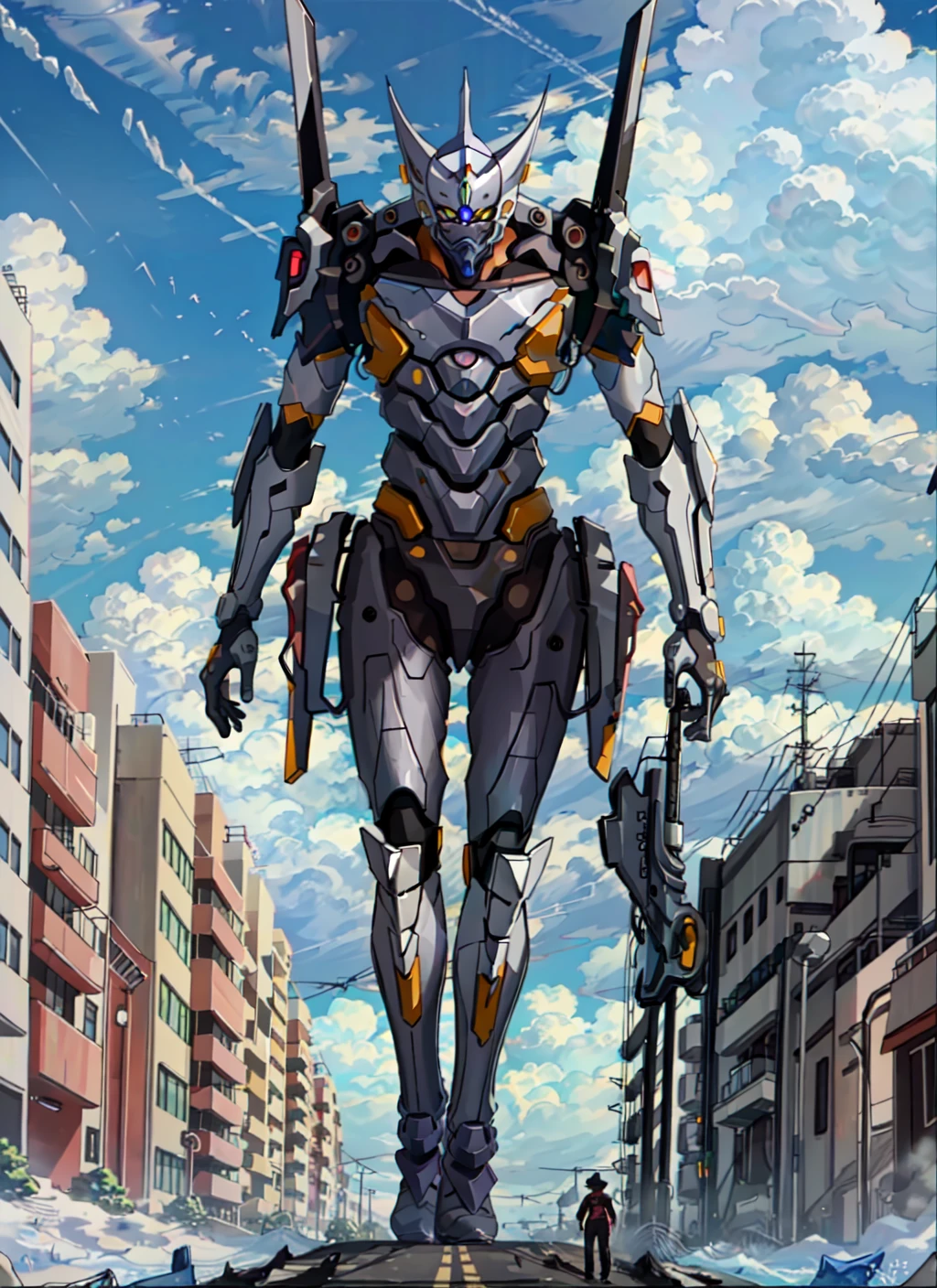 ((eva 08), evagod:1.1), evagenlion, Concept Design, sci-fic character design, SCIENCE FICTION, giant robot, advanced metal and Ceramic Mecha, Accurate EVA 08 head details, high-tech, huge android, (outdoors, sky, clouds), global illumination, rim light, octane rendering, ray tracing, 4k, Best quality, masterpiece, high res, highly detailed, scientific anatomy, carbon fiber, titanium alloy, hyperrealistic, anatomical, beautiful Tokyo-3 background, CG, unity, wallpaper, Futurism, epic sense, doomsday, sci-fi fighter, giant machinery, correct perspective
