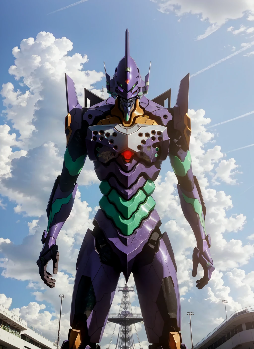 ((eva 01), evagod:1.1), evagenlion, Concept Design, sci-fic character design, SCIENCE FICTION, giant robot, advanced metal and Ceramic Mecha, Accurate EVA 01 head details, high-tech, huge android, (outdoors, sky, clouds), global illumination, rim light, octane rendering, ray tracing, 4k, Best quality, masterpiece, high res, highly detailed, scientific anatomy, carbon fiber, titanium alloy, hyperrealistic, anatomical, beautiful Tokyo-3 background, CG, unity, wallpaper, Futurism, epic sense, doomsday, sci-fi fighter, giant machinery, correct perspective