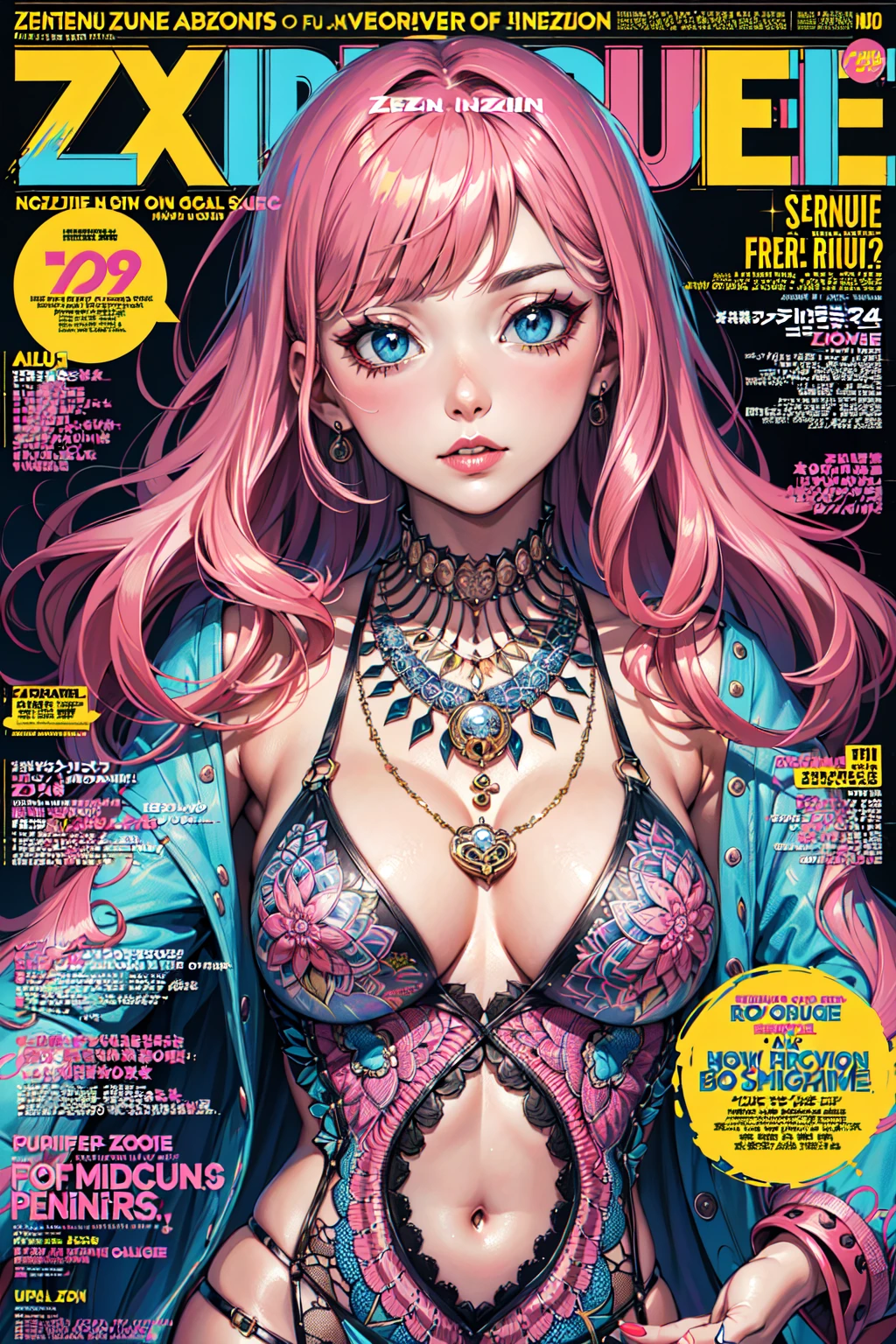 absurdres, highres, (ultra-detailed background, detailed background), extremly detailed,
1gir, artist style, (Fashion Magazine Cover:1.5), (zentangle:1.3), material effects,
