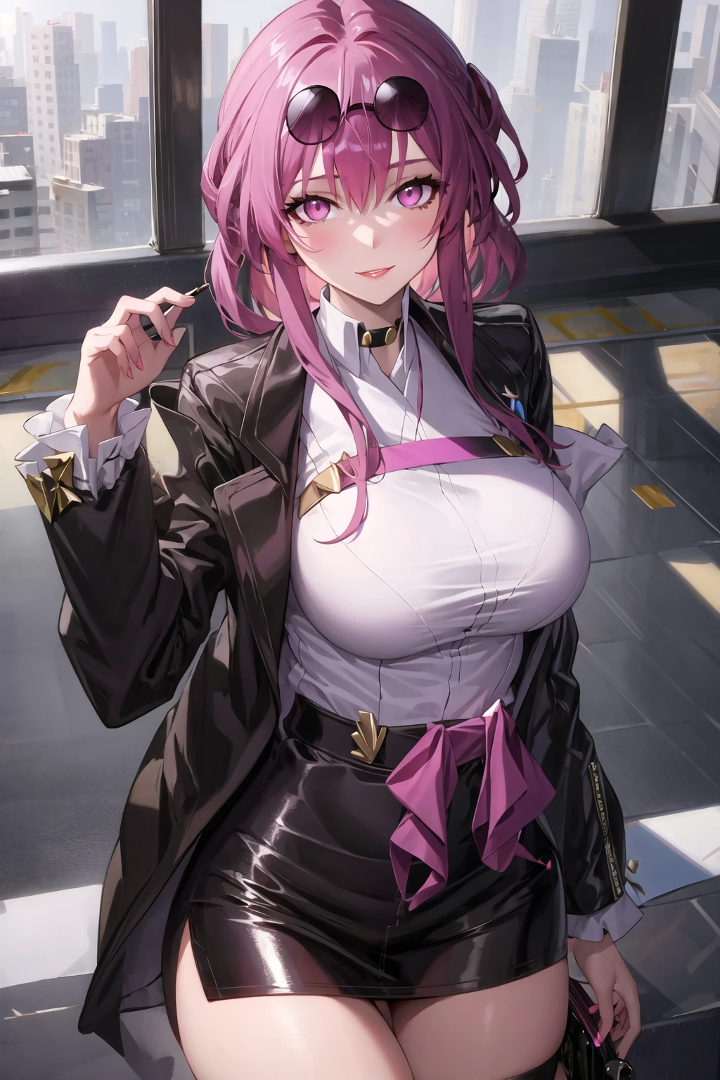 1girl, star-kafka,solo,hair between eyes,sunglasses,eyewear on head,purple hair,pink eyes,large breasts,shiny skin,school uniform,serafuku