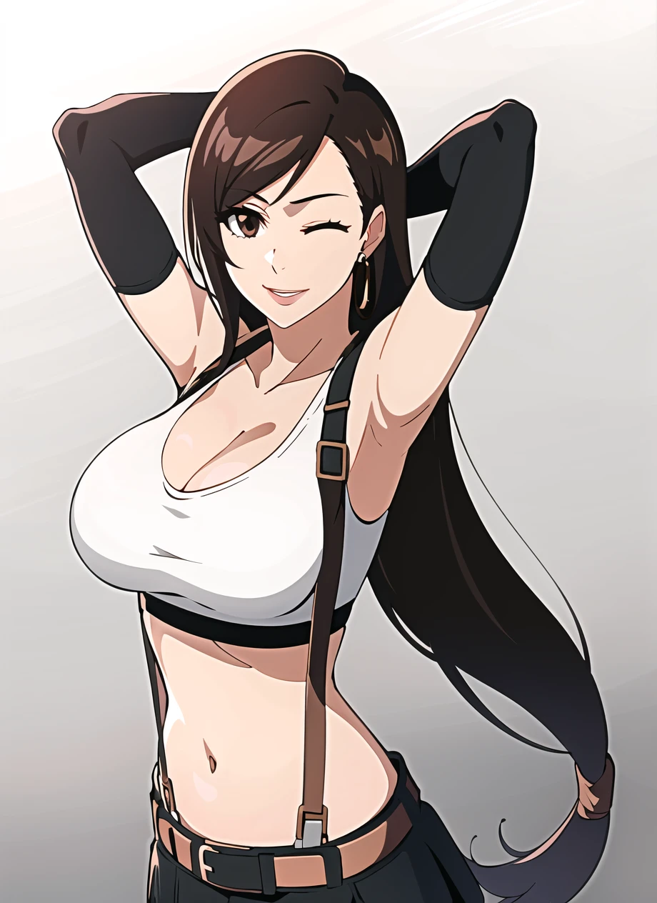 bleach style, tifa lockhart, 1girl, arm up, armpits, artist name, belt, black hair, breasts, brown eyes, cleavage, closed mouth, collarbone, cowboy shot, crop top, earrings, elbow gloves, elbow pads, gloves, gradient background, jewelry, large breasts, lips, long hair, low-tied long hair, midriff, navel, one eye closed, simple background, skirt, smile, solo, stomach, suspenders, tank top, upper body,  ((masterpiece))   <lora:tifa_lockhart:0.4>  <lora:bleach_style_offset:1>