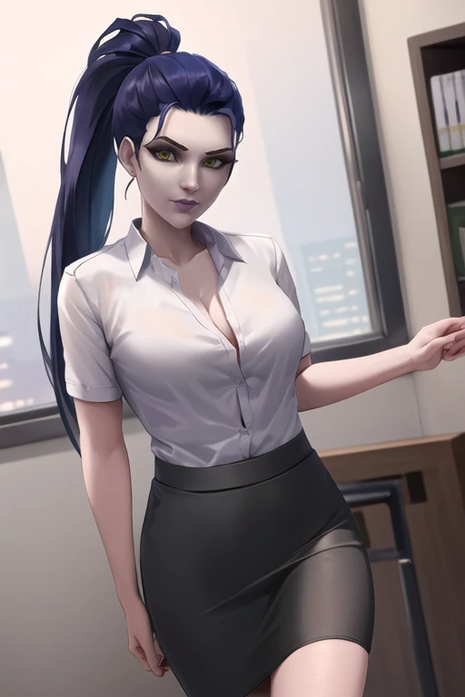 widowmaker, looking at viewer, ponytail, dressed in office suit, pencil skirt, white shirt, office, dim light, <lora:widowmakerOverwatch_v2:0.7>, best quality