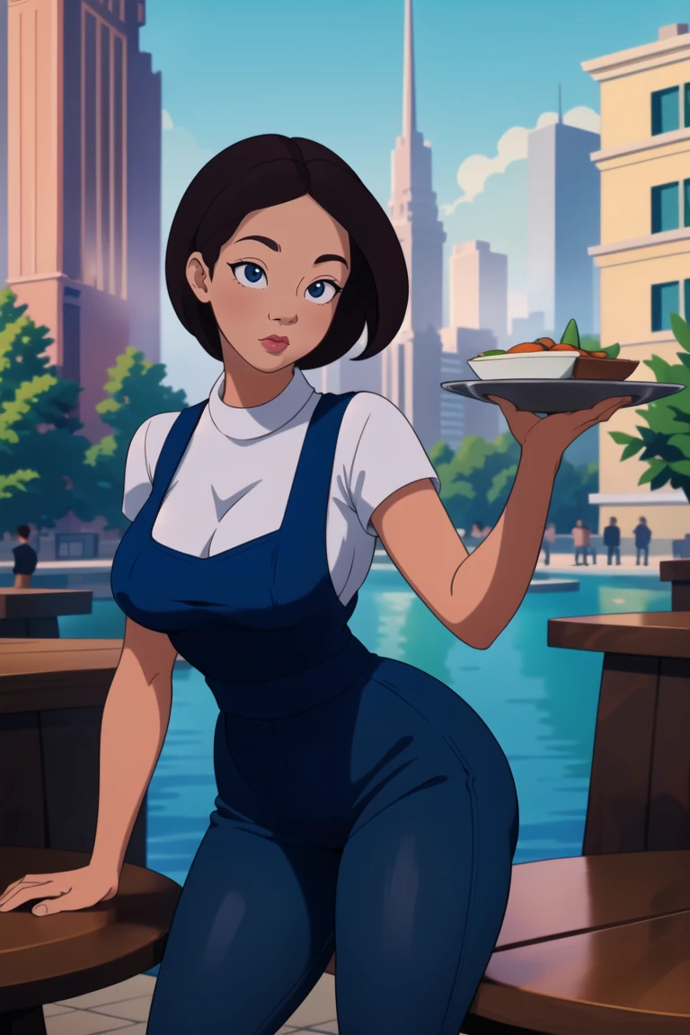 girl,(hotify:1.2) ,waitress,restaurant,outdoors,table,buildings,city,street,curvy ,(masterpiece,detailed,highres:1.4)