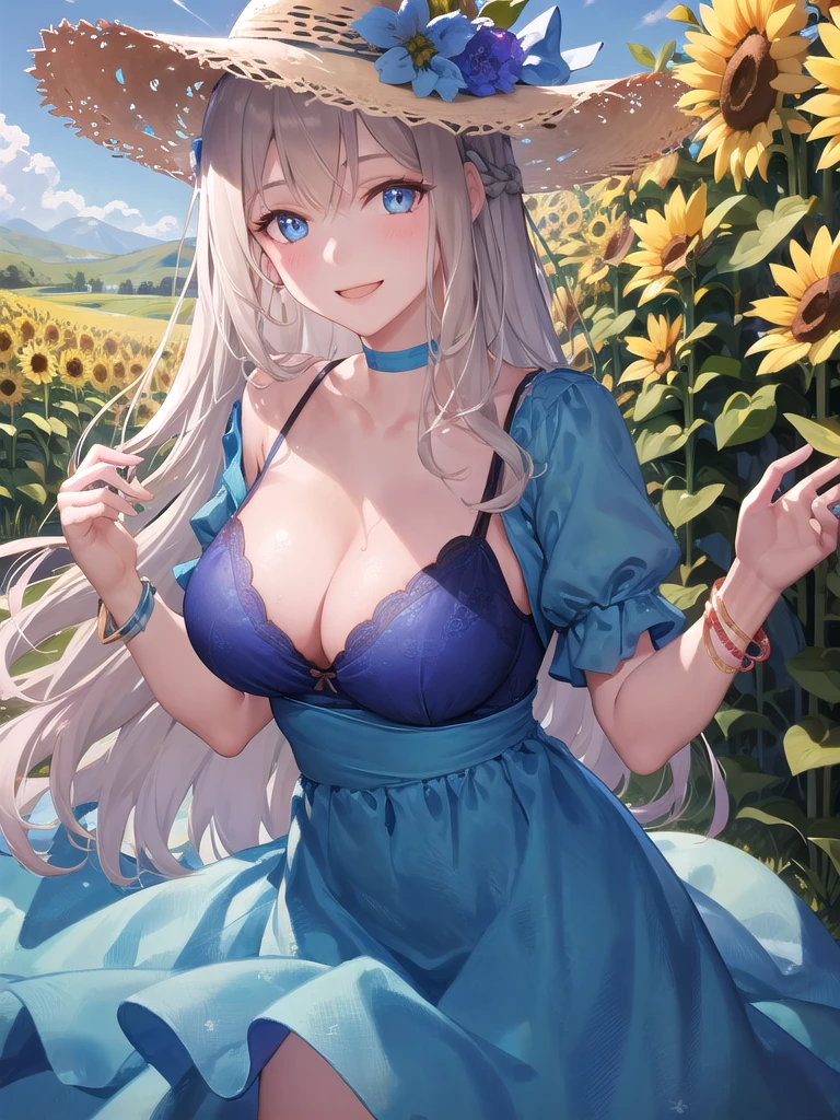 (1girl), solo,masterpiece, (8k, best quality, masterpiece:1.1),perfect artwork,highly detailed,ultra-detailed,masterclass,best quality,illustration,hair_between_eyes, braid,cowboy shot <lora:lexington3-000004:0.8>.blue dress,black bra,sunlight,collarbone, blue choker, short sleeves,smile,sidelocks,hat ribbon,hat flower,bracelet,outdoors,sky, sunflower,blush,field,straw hat,large breasts,