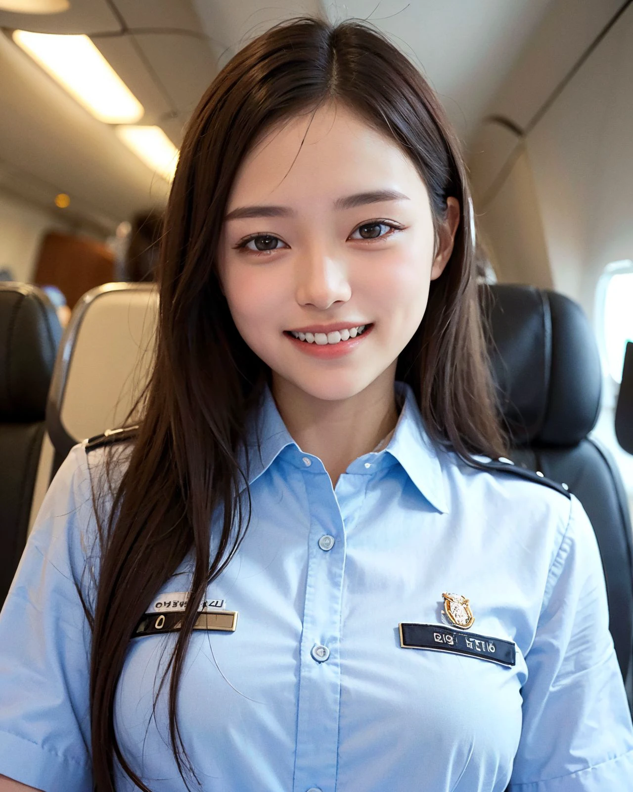 (photorealistic:1.4), (best quality:1.0), (ultra highres:1.0), 8k, RAW photo, (masterpiece:0.2), (big smile with teeth:1.2), (uniform:1.5), portrait, airplane,
<lora:zyd232_ChineseGirl_v3_9:0.65> zydG, 1girl, detailed skin, beautiful clean skin, looking at viewer, brown eyes, (small breasts:1.0)