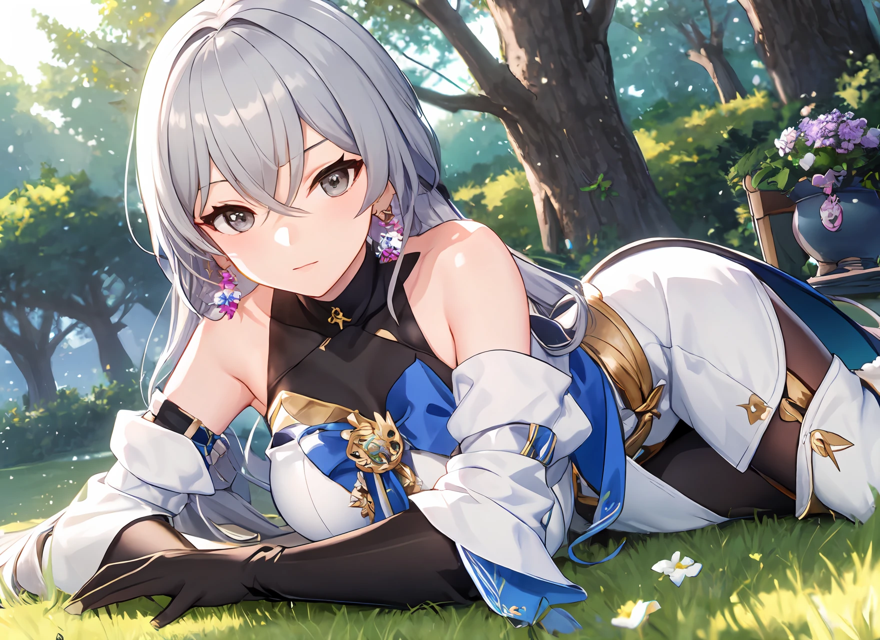<lora:B-t1-000007:0.7>, ph bronya, 1girl, solo, jewelry, earrings, long hair, grey hair, bangs, drill hair, bare shoulders, grey eyes, thigh boots, thighhighs, hair between eyes, boots, elbow gloves,sleeveless, black gloves, twin drills, belt, leggings, white dress, breasts, small breasts, black footwear, long sleeves, trees, flowers, lying on grass, grass field,
