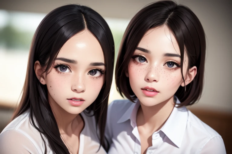 (detailed face, detailed eyes, clear skin, clear eyes), photography, photorealistic, detailed skin, 8k, highly detailed, depth of field, blurry, indoors, lips, cheek-to-cheek, (freckles:0.8), two women, mature_female, looking at viewer, depth of field, blurry background, heads together, thick, parted lips, (dirty Acne on forehead:1.2), (long sleeves:1.1),large breasts,