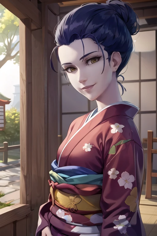 widowmaker, waist up, gentle smile, short bob hair, bright sunlight, japanese kimono, japanese temple, day, peaceful facial expression, <lora:widowmakerOverwatch_v2:0.7>, best quality