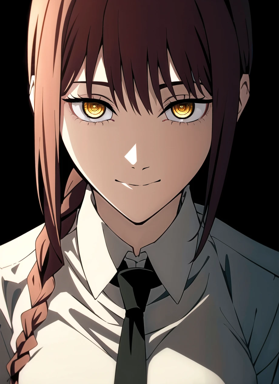 csm anime style, makima \(chainsaw man\), 1girl, black background, black jacket, black necktie, blunt bangs, braid, braided ponytail, breasts, close-up, closed mouth, collared shirt, dark, dress shirt, formal, jacket, long hair, looking at viewer, medium breasts, necktie, portrait, red hair, ringed eyes, shaded face, shadow, shirt, sidelocks, simple background, single braid, smile, solo, suit, suit jacket, white shirt, yellow eyes, ((masterpiece)) <lora:csm_anime_style_offset:1> <lora:makima_offset:1>