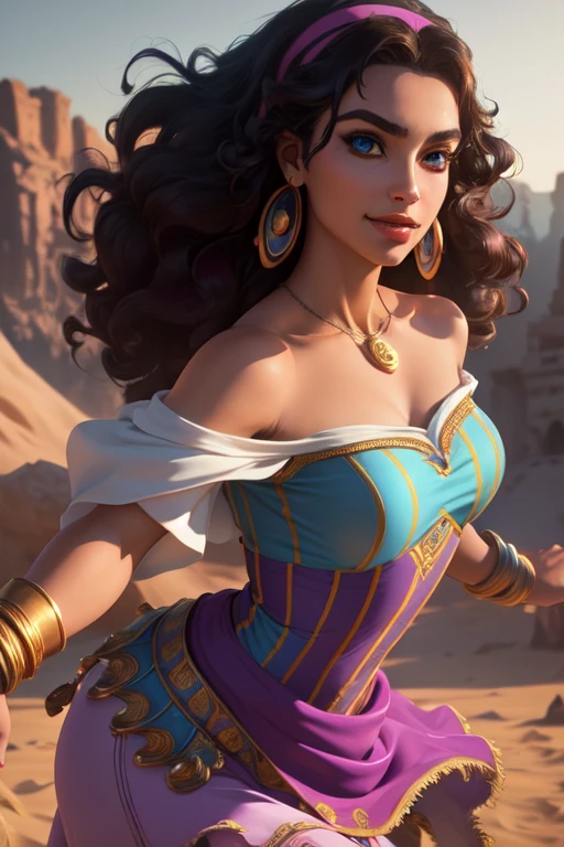 <lora:esmeraldaDisney_v20Final:0.6>esmeralda, 1girl, solo, smile, dress, bare shoulders, jewelry, hairband, earrings, off shoulder, bracelet, coin (realistic:1.2), (realism), (masterpiece:1.2), (best quality), (ultra detailed), (8k, 4k, intricate),(full-body-shot:1),(Cowboy-shot:1.2), (85mm),light particles, lighting, (highly detailed:1.2),(detailed face:1.2), (gradients), colorful,(detailed eyes:1.2),(detailed background),detailed landscape, (dynamic angle:1.2), (dynamic pose:1.2), (rule of third_composition:1.3), (Line of action:1.2), wide shot, daylight, solo,