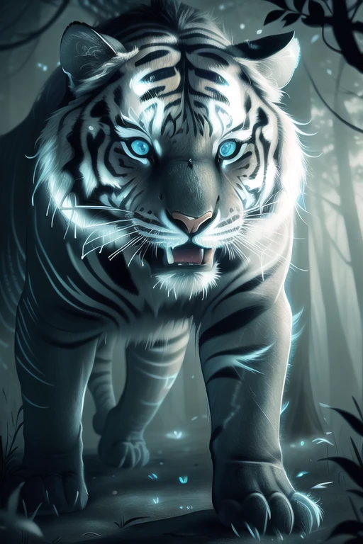 <lora:glowingrunesai_v10:1> glowingrunesai, (realistic:1.5), extremely detailed, hyper detailed, soft lighting, detailed background, extreme detail background, sharp details, jungle, tiger, cat, monster, quadruped, animals